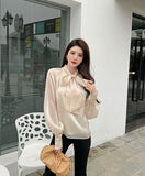 Purpdrank - 2023 New Arrival Spring Summer Korean Style Women Loose Casual Bow Long Sleeve Blouse All-matched Vintage Mesh Shirts