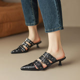 Purpdrank - Retro High Heel Covered Belt Buckle Sandals Women Spring Summer 2023 New Punk Style Versatile Pointed Toe Mules Shoes for Women