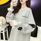 Purpdrank - Snowflake Appliques Korean Fashion Elegant Lace Long Sleeve Pullover Tunic Top Female Autumn Casual Oversized Sweatshirt Women