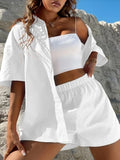 Purpdrank - Summer Casual Ladies 2 Piece Fashion Short Sleeve Lapel Cardigan Tops and Elastic Waist Pocket Shorts Set Solid Loose Women Suit