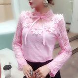 Purpdrank - Women Shirts Lace Long Sleeve Blouse Bow Sweet Floral Hollow Lace Blouses Shirt Female Mesh Blusas 2023 Spring Women Tops