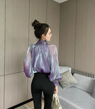 Purpdrank - 2023 New Arrival Spring Summer Korean Style Women Loose Casual Bow Long Sleeve Blouse All-matched Vintage Mesh Shirts