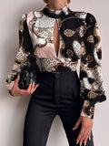 Purpdrank - Sexy Tie-Up Backless Hollow Out Crop Tops Women Elegant Long Sleeve Turtleneck Blouse Spring Casual Retro Print Lady Shirt Blusa