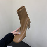 Purpdrank - Winter New Heel Women Ankle Boots Fashion Square Toe Back Zippers Chelsea Boots Shoes Soft Leather Short Boots