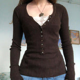 Purpdrank - Y2k Female Elegant Knitted T-shirt Woman lace trim retro sweet square neck T-shirt Street Pleated Casual Slim Long sleeve Top