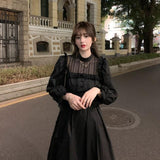 Purpdrank - Gothic Black Lace Dress Women Casual Elegant Party Midi Ruffle Long Sleeve Dress Emo Y2k Goth Clothes Spring Robes