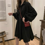 Purpdrank - Shirt Dress Women Korean Style Polo Collar Black Long Sleeve Wrap Mini Dress Casual Solid Kpop Clothes Woman