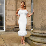 Purpdrank - Strapless Feather Evening Dresses Long Luxury Sweetheart Neckline Bodycon Midi Dress Elegant Formal Party Dresses White