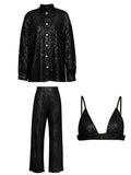 Purpdrank - 3 Piece Set Women Suit Pants Crop Top Female Shirts Jogging Glitter Sequin Sets Y2K Party Club Sexy Outfits Pink Tracksuit