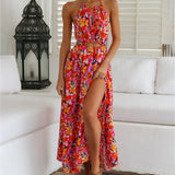 Purpdrank - Summer Sexy Long Dress Women Casual Backless Bandage Slit Red Holiday Beach Sundress Fashion Hollow Floral Print Dresses
