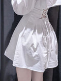 Purpdrank - Office Ladies White Wrap Shirt Dress Women Korean Style Kpop Bandage Designer Short Dresses Party Fashion