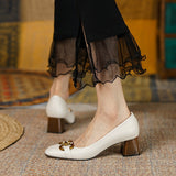 Purpdrank - French Retro Heeled Shoes Women's Medium Heel Pumps New Square Toe Thick Heel Metal Buckle Soft Leather High Heels