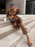 Purpdrank - Simplee Casual button loose women satin pants set green Office fashion long sleeve two piece sets High street pocket suit