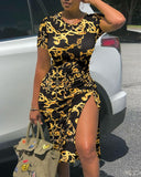 Purpdrank - Sexy Skinny Dress Fashion Ink Splash Print High Slit Dress Summer Vintage Drawstring Ruched Party Dress Women Dresses Vestidos