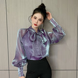 Purpdrank - 2023 New Arrival Spring Summer Korean Style Women Loose Casual Bow Long Sleeve Blouse All-matched Vintage Mesh Shirts