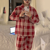 Purpdrank - Plaid Christmas Pajamas Women Korean Sleepwear Autumn Pijamas Cute Clothes Pyjamas 2 Piece Pants Sets Loungewear Pj Suit