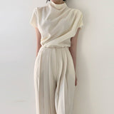Purpdrank - Korea Style Women Blazer Sets Retro Elegant Lapel Jacket + High Waist Wide Leg Pants Suits Female Fashion White 2 Pieces Sets