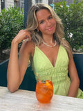 Purpdrank - Eleatic Smocking Green Cotton V Neck Summer Women's Dress Sleevless Long Green Maxi Casual Strapy Dress Solid Female