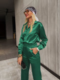 Purpdrank - Simplee Casual button loose women satin pants set green Office fashion long sleeve two piece sets High street pocket suit