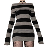 Purpdrank - E-girl Striped Gothic Aesthetic Sexy Dresses Grunge Long Sleeve Knitted Skinny Dress For Women Off Shoulder Streetwear