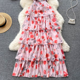 Purpdrank - Women Ruffled Dress Floral Backless Vacation Summer Sashes Zipper Sleeveless Ladies Print Long A Line Dresses