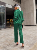 Purpdrank - Simplee Casual button loose women satin pants set green Office fashion long sleeve two piece sets High street pocket suit