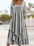 Purpdrank - Elegant Office Women Patchwork Pockets Midi Dress Round Neck Basic Solid Long Sleeve Dress Lady Casual Summer Ruffles Club Dress