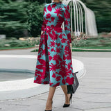 Purpdrank - Autumn Elegant Casual Woman Party Dress New Fashion Print High Neck Long Sleeve Waist Dress Spring Office Long Chic Ladies Dress