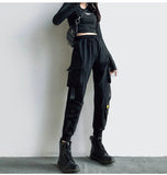Purpdrank - Streetwear Cargo Pants Women Casual Joggers Black High Waist Loose Female Trousers Korean Style Ribbon Ladies Pants Dropshipping