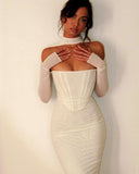 Purpdrank - New Mesh Transparent Women Dresses Double Layer Sexy Elegant Slim Bodycon Party Outfit Knee Length Pleated Evening Dress