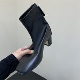 Purpdrank - Winter New Heel Women Ankle Boots Fashion Square Toe Back Zippers Chelsea Boots Shoes Soft Leather Short Boots
