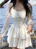 Purpdrank - White Wrap Mini Dress Women Vintage Mesh Bodycon Ruffles Square Collar Short Dresses Casual Autumn Korean Fashion