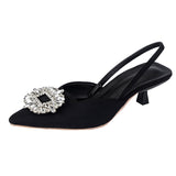 Purpdrank - Blue Women Pumps Silk Satin Pointy Toe Rhinestone Crystal High Heels Shoes Slip On Women Wedding Pumps Slingback Sandal Baotou