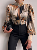 Purpdrank - Sexy Tie-Up Backless Hollow Out Crop Tops Women Elegant Long Sleeve Turtleneck Blouse Spring Casual Retro Print Lady Shirt Blusa
