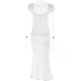 Purpdrank - Sexy Hollow Out Midi Dress for Women Summer Elegant Chic V-Neck Slim Party Dress White Short Sleeve Casual Dress