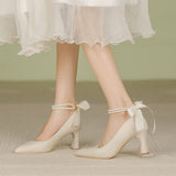 Purpdrank - Wedding Shoes Bride 2023 New Fashion Pearls Bow New Thick Heels Pumps Women Shoes Sexy Pointed Classic Elegant Party Shoes Lady