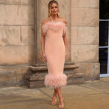 Purpdrank - Strapless Feather Evening Dresses Long Luxury Sweetheart Neckline Bodycon Midi Dress Elegant Formal Party Dresses White