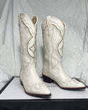 Purpdrank - White Cowboy Western Knee High Boots Design Chunky Heel Pointed Toe Slip On Autumn Long Boots Ridding Casual Shoes
