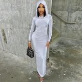 Purpdrank - Hooded Long Sleeve Split Maxi Dresses for Womens Street Fashion 2023 Basic Bodycon Dress Grey Black D17-DZ32