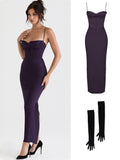 Purpdrank - Bodycon Satin Maxi Dress Sexy Long Prom Evening Party Dresses With Glove Purple V Neck Spaghetti Strap Dresses For Women