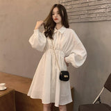 Purpdrank - Shirt Dress Women Korean Style Polo Collar Black Long Sleeve Wrap Mini Dress Casual Solid Kpop Clothes Woman