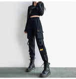 Purpdrank - Streetwear Cargo Pants Women Casual Joggers Black High Waist Loose Female Trousers Korean Style Ribbon Ladies Pants Dropshipping