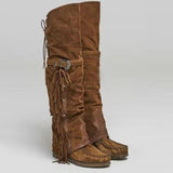 Purpdrank - Mujer Fashion Bohemia Knee-length Women Boots Ethnic Personality High Boots Tassels Faux Suede Boots Girl Flat Bottom Long Botas