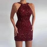 Purpdrank - Sexy Off Shoulder Sleeveless Slim Mini Party Dress Ladies Elegant Sequin Shiny O Neck Dress Summer Women Fashion Bag Hip Dresses
