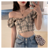 Purpdrank - Blouse Women Shirt Plaid Short Shirt Women's Puff Sleeve Short Shirt Summer Blusas Mujer