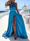 Purpdrank - Sexy Crossover Neckline Robe Boho Dress Women Elegant Off Shoulder Slit Long Dress Casual Sleeveless Backless Solid Maxi Dresses