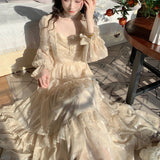 Purpdrank - Summertime Outfits Medieval Romantic French Court Style Dress Womens Spring Flare Sleeve High Waist Elegant Female Dress Vintage Long Dresses