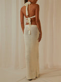 Purpdrank - Women Summer Long Beach Dress Party Vacation Hollow Out Sleeveless Deep V Halter Neck Knit Crochet Dress Backless Dress