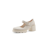 Purpdrank - New Cow Leather Mary Jane Women's Shoes LEISURE Buckle Platform Shoes Shallow Pumps Round Toe Shoes Woman Zapatos De Mujer