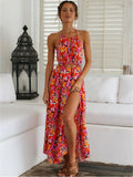 Purpdrank - Summer Sexy Long Dress Women Casual Backless Bandage Slit Red Holiday Beach Sundress Fashion Hollow Floral Print Dresses